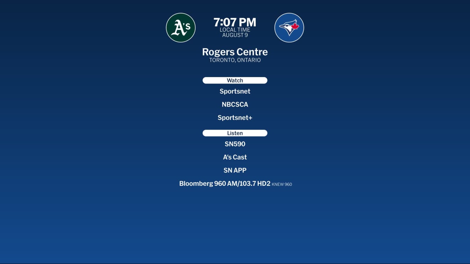 Athletics at Blue Jays August 9, 2024 Tune In 08/07/2024