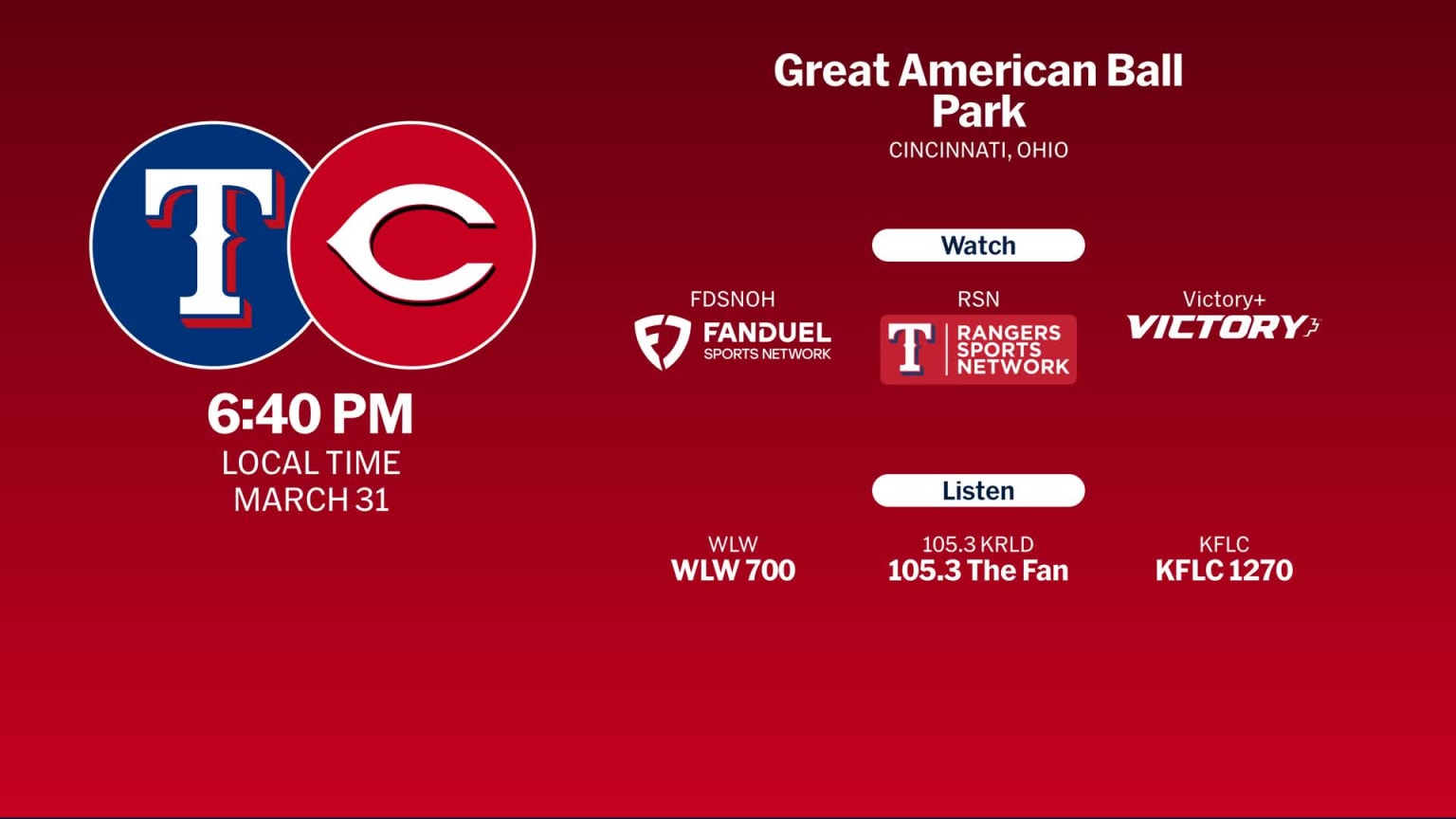 Rangers at Reds - March 31, 2025: Tune In | 03/30/2025 | MLB.com