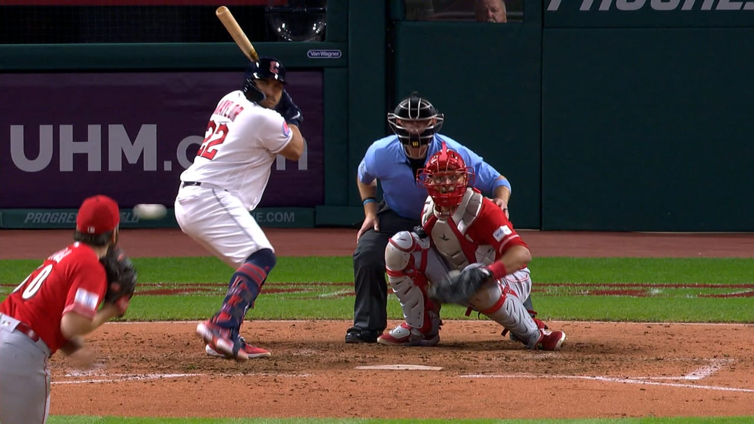 Cleveland Guardians' Josh Naylor runs to first base with an RBI