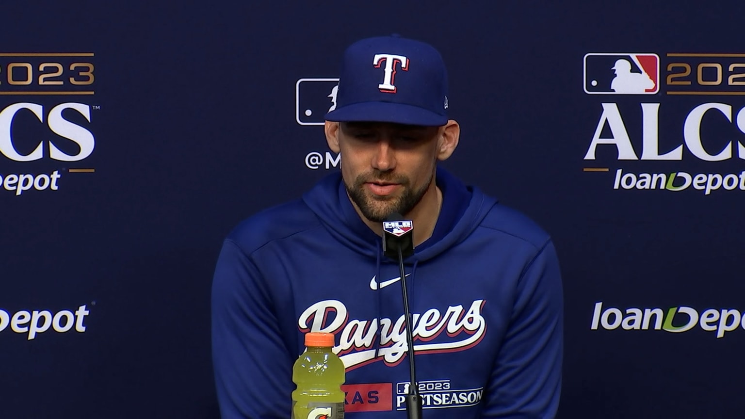 Nathan Eovaldi talks about the Rangers' Game 2 win 10/16/2023 Texas
