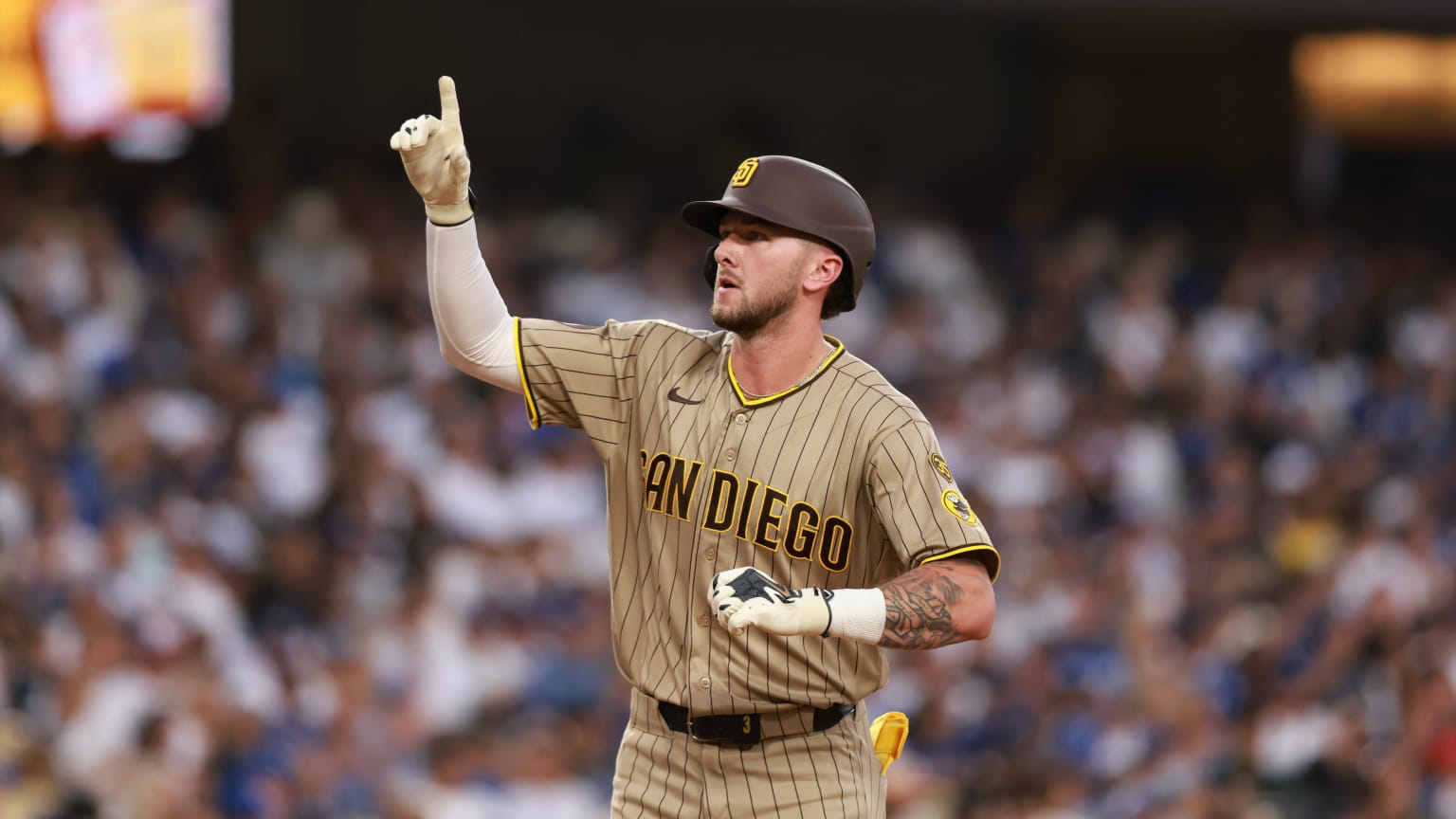 Jackson Merrill celebrating a San Diego Padres home run in 2026