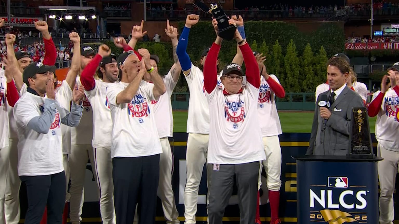 Philadelphia Phillies showing off National League champions trophy