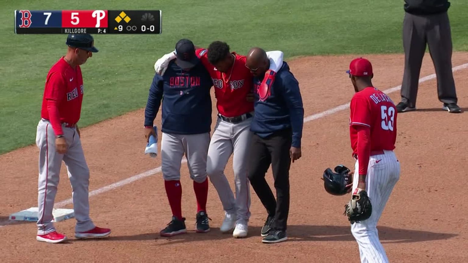 Luis Ravelo gets injured on a brokenbat single 03/19/2023 Boston