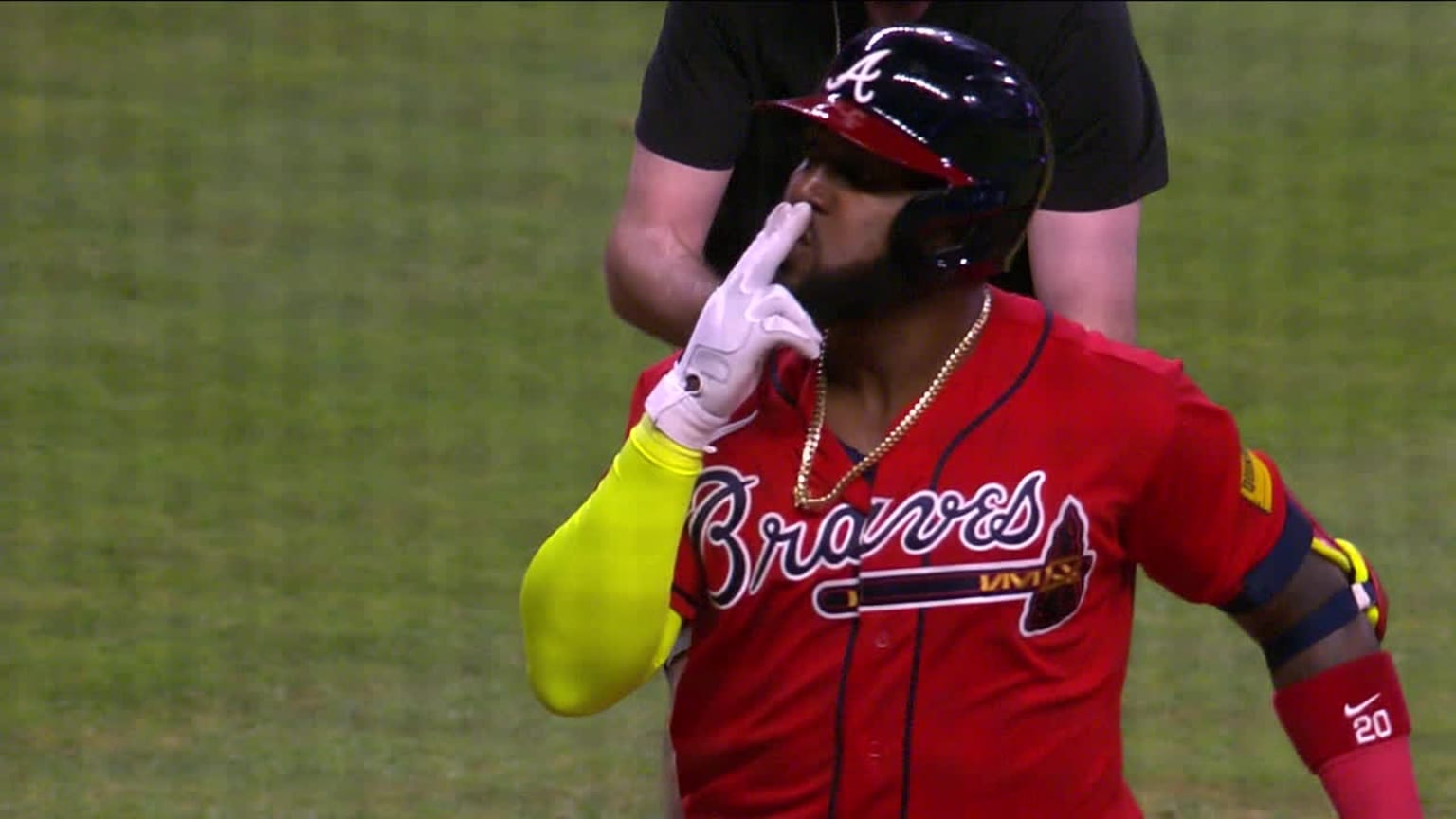 ATLANTA, GA - MAY 11: Marcell Ozuna #20 of the Atlanta Braves takes a  virtual selfie after hitting a home run during the Tuesday night MLB game  between the Toronto Blue Jays