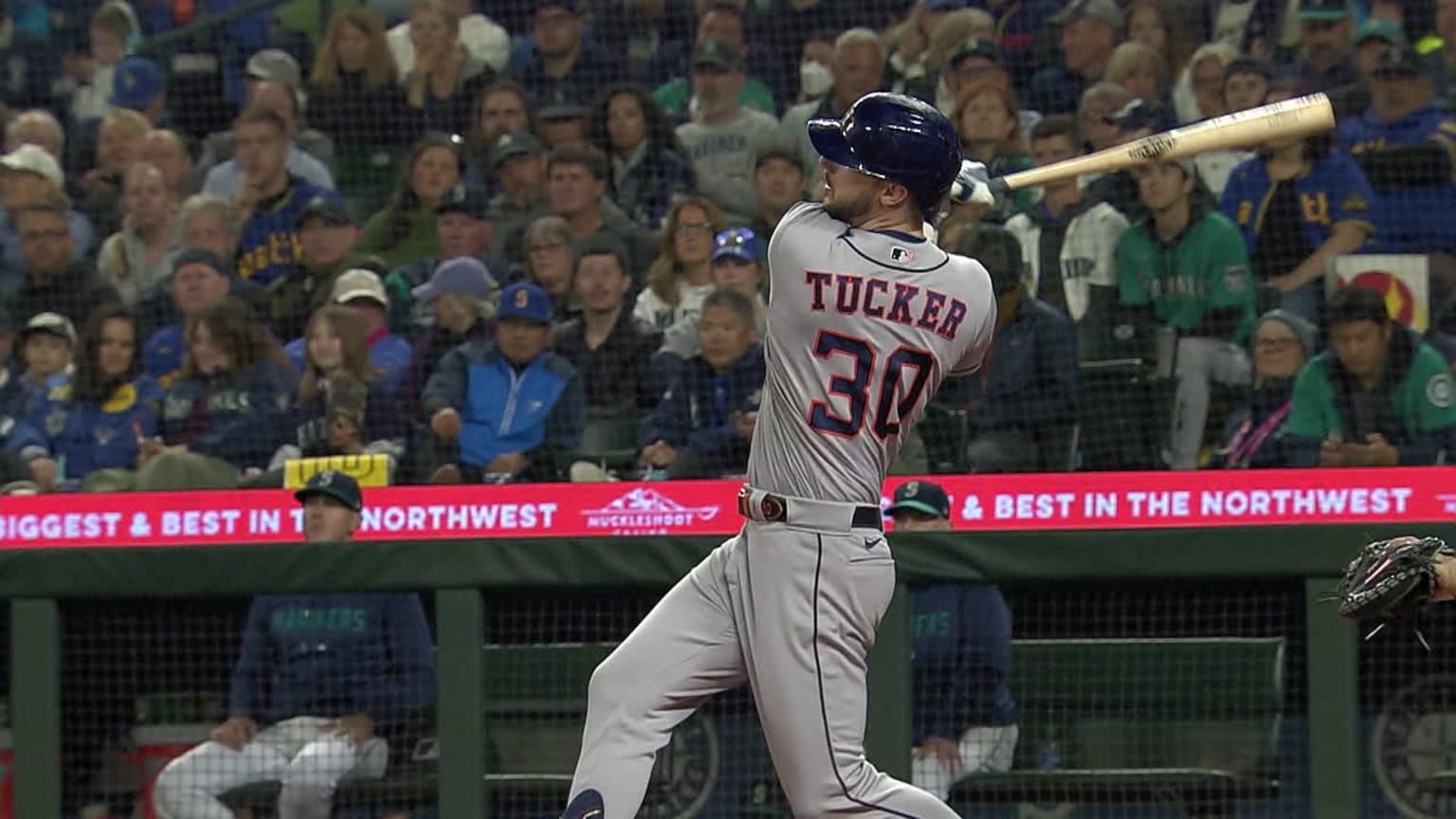 Houston, United States. 13th June, 2023. Houston Astros right fielder Kyle  Tucker (30) hits a solo 399-foot home run to right field in the bottom of  the fifth inning during the MLB