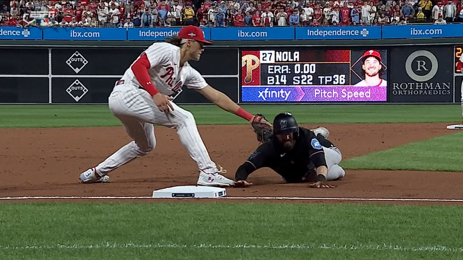 Aaron Nola catches Jon Berti stealing at third | 10/04/2023 ...