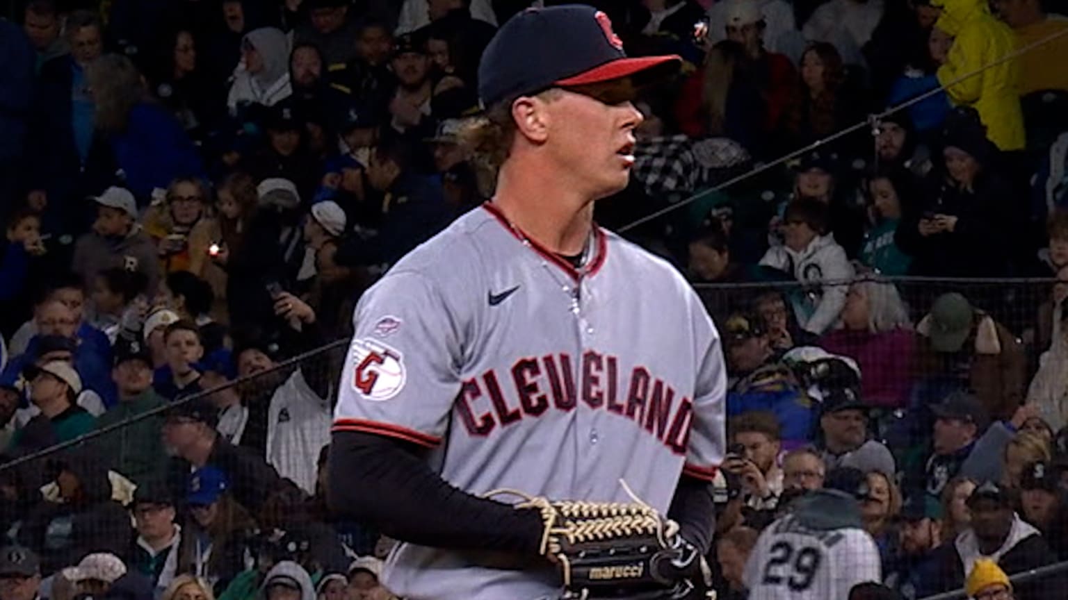 Peyton Pallette fans Brendan Donovan in the bottom of the 7th inning for his first Major League strikeout