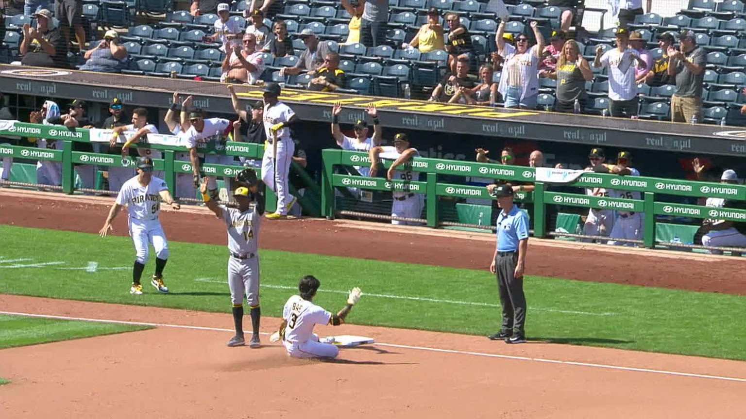 Pittsburgh, United States. 09th June, 2023. Pittsburgh Pirates center  fielder Ji Hwan Bae (3) celebrates in the dugout following his sacrifice  fly in the sixth inning of the 14-7 win against the