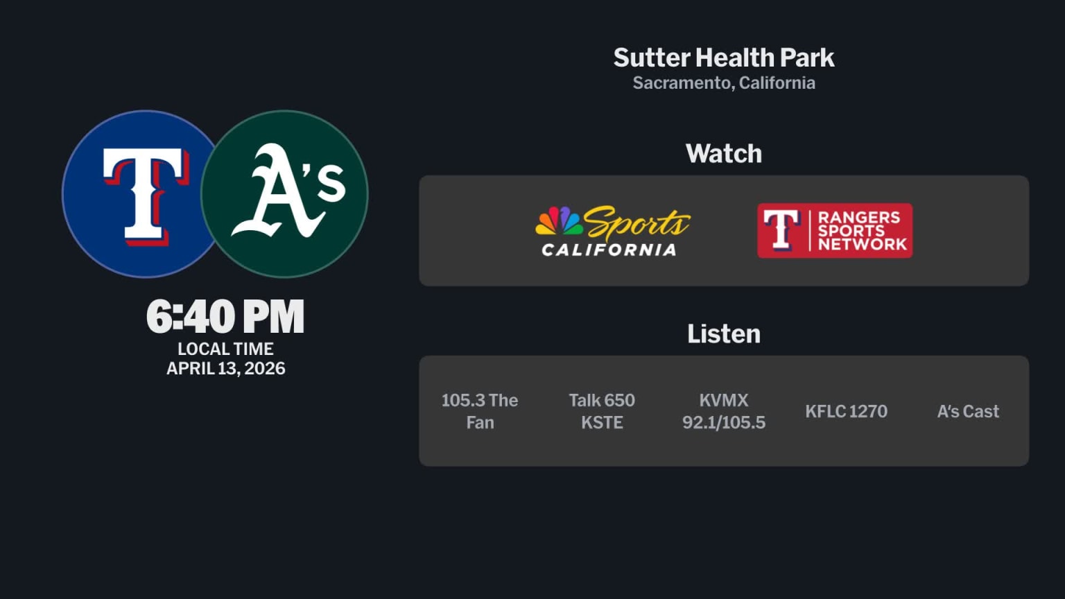 Rangers at Athletics - April 13, 2026: Tune In | 04/12/2026 | MLB.com
