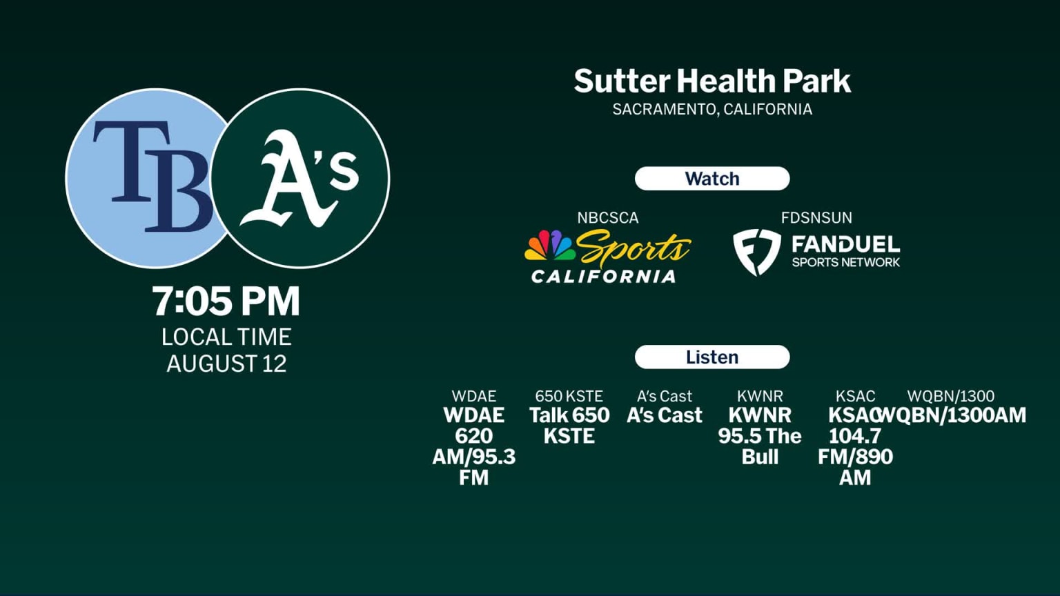 Rays at Athletics - August 12, 2025: Tune In | 08/11/2025 | MLB.com