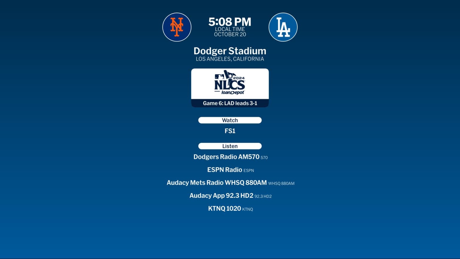 Mets at Dodgers October 20, 2024 Tune In 10/18/2024