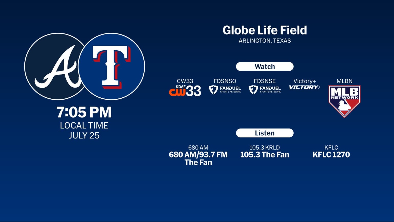 Braves at Rangers - July 25, 2025: Tune In | 07/23/2025 | MLB.com