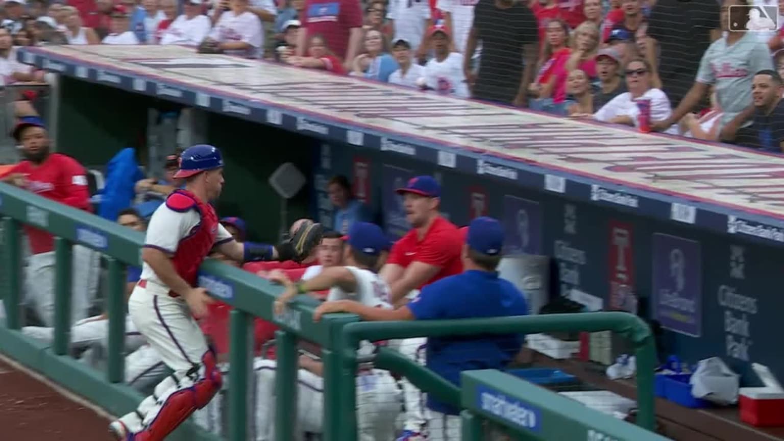 J.T. Realmuto makes a nice catch over the railing | 07/16/2023 ...