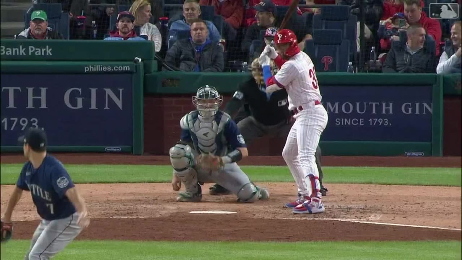 Edmundo Sosa #33 of the Philadelphia Phillies reacts after hitting a solo  home run during the eighth inning.