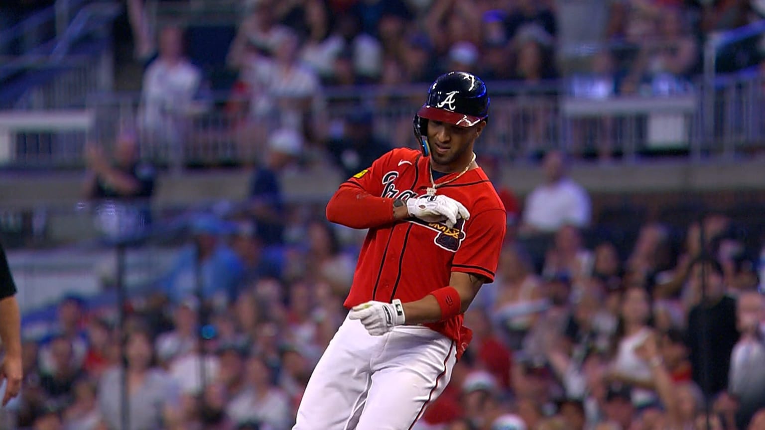 ATLANTA, GA – APRIL 11: Atlanta left fielder Eddie Rosario (8) singles  during the MLB game between the Cincinnati Reds and the Atlanta Braves on  April 11th, 2023 at Truist Park in