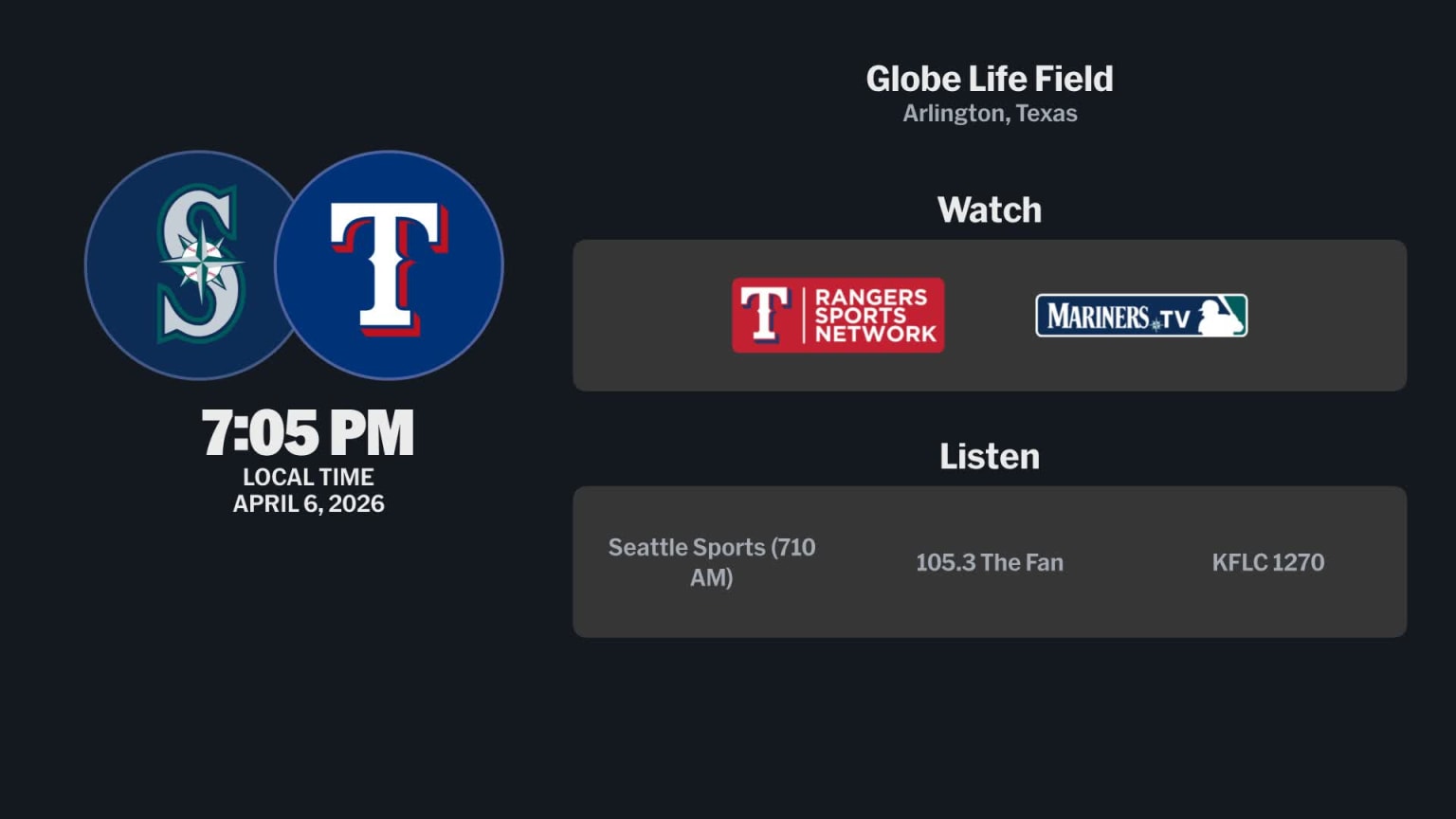 Mariners at Rangers - April 6, 2026: Tune In | 04/05/2026 | MLB.com