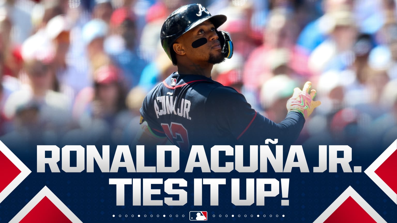 Ronald Acuña Jr. hammers a three-run homer to left center field for his 1,000th career hit, tying the game at 4 in the 8th inning