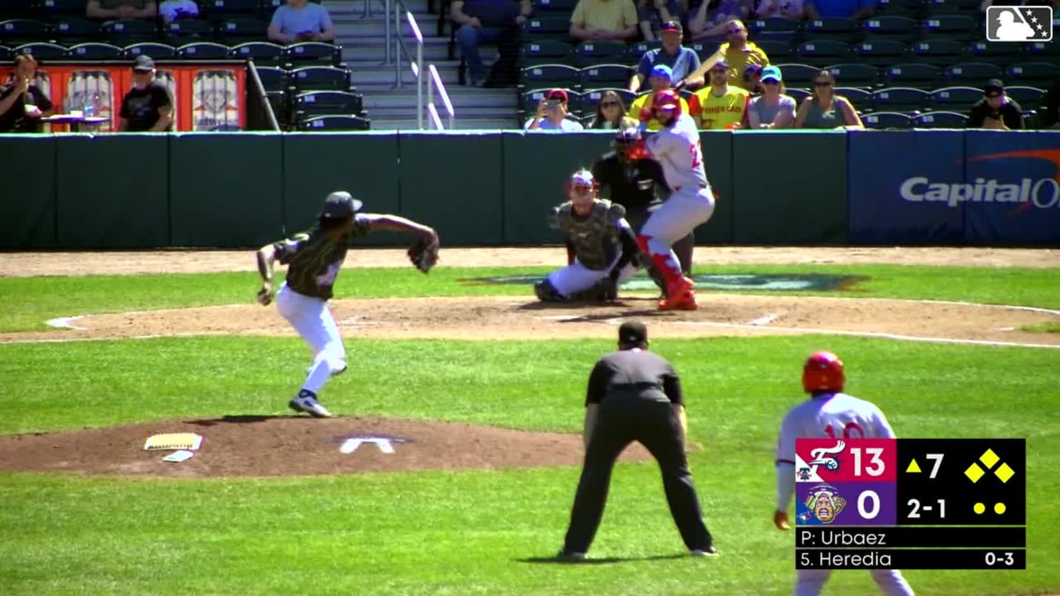 Raylin Heredia singles on a fly ball to center fielder Victor Arias ...