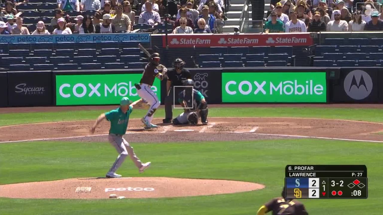 Jurickson Profar flies out to left fielder Dominic Canzone in foul