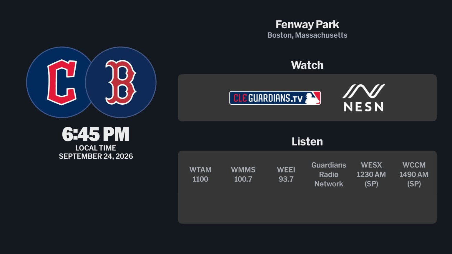 Guardians at Red Sox - September 24, 2026: Tune In | 09/23/2026 | MLB.com