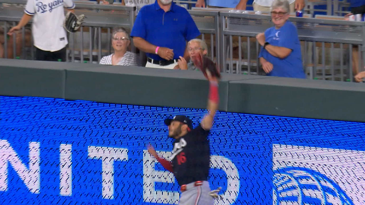 Austin Martin leaps at the wall in right field to rob Bobby Witt Jr. of a home run and end the bottom of the 8th