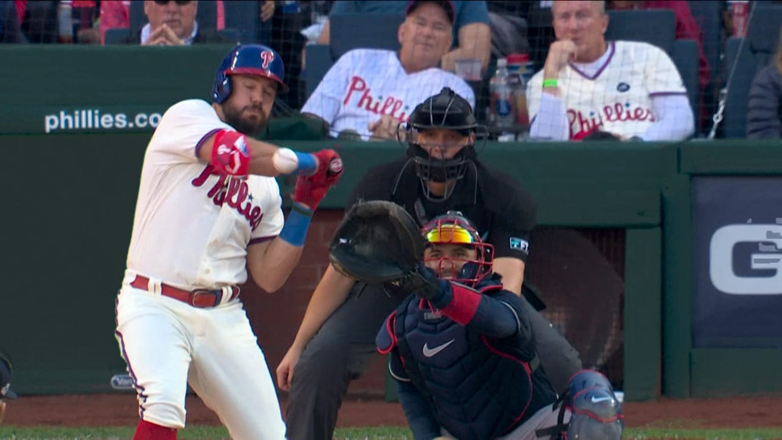 Kyle Schwarber HBP after review 10/15/2022 Philadelphia Phillies