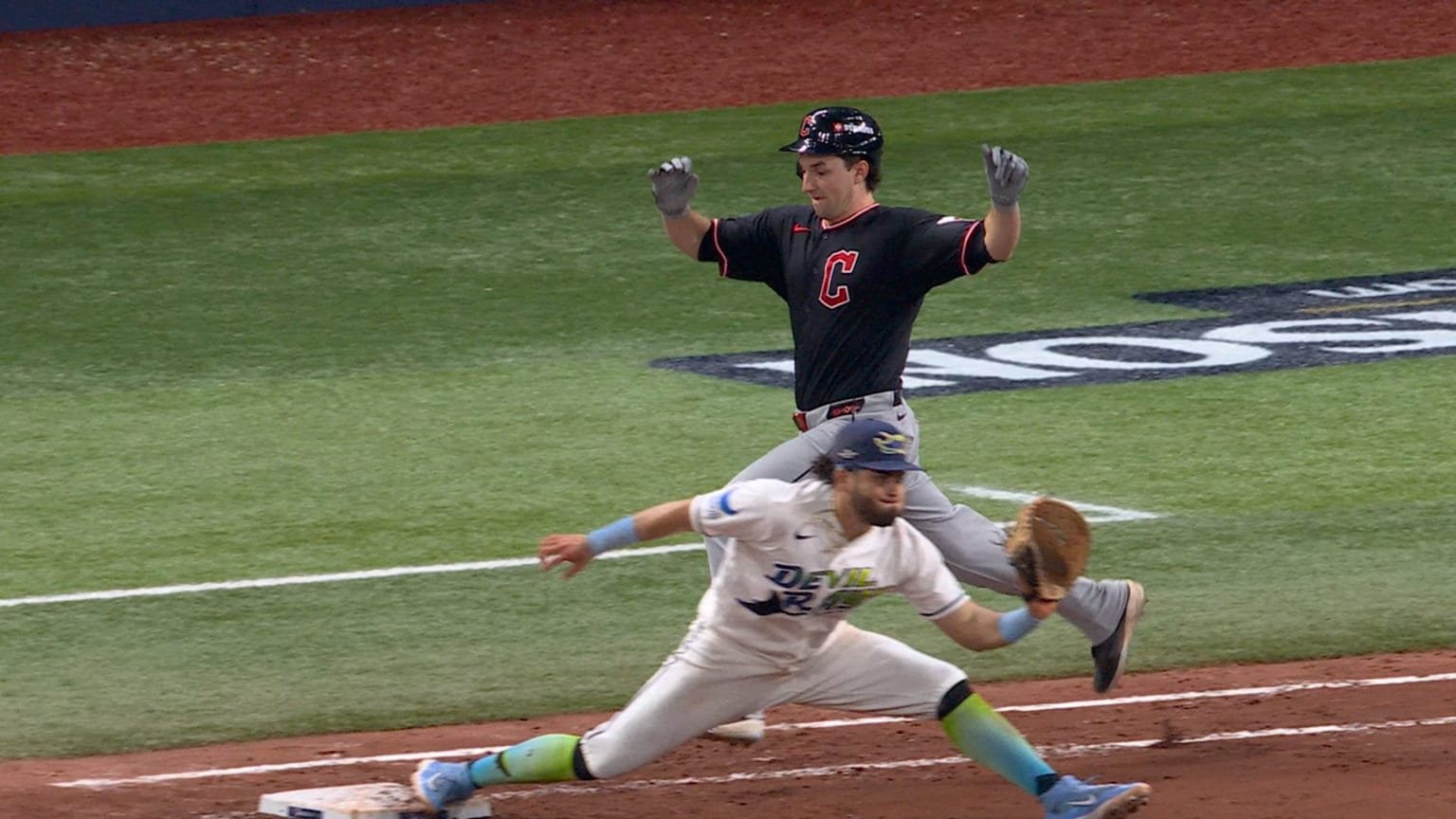 Chase DeLauter safe at first after review | 10/19/2026 | Cleveland ...