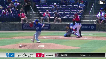 Coy James doubles (9) on a ground ball to left fielder Yeiferth Castillo. Luke Dickerson scores.