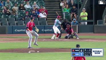 Edwin Arroyo doubles (8) on a sharp line drive to right fielder Jordyn Adams. P.J. Higgins scores.
