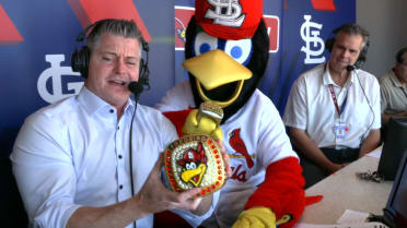 Fredbird joins Cardinals booth for fun during game