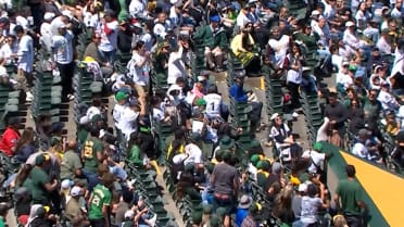 Seth Brown's foul ball knocks over fan's beer