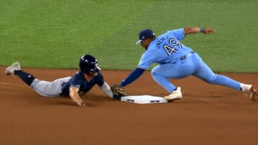 Taylor Walls steals second base after review