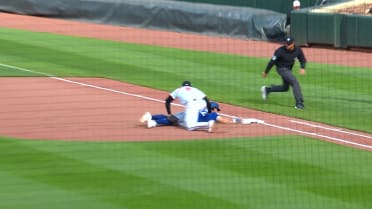 Ernie Clement is safe at first after review