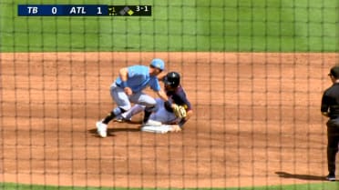 Austin Riley picks up his first spring stolen base