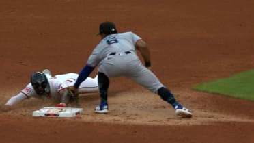 Brayan Rocchio steals second base after a review 