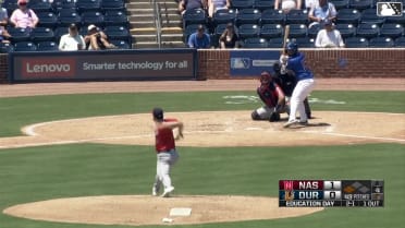Dom Keegan singles on a ground ball to left fielder Eddys Leonard. Homer Bush Jr. scores.
