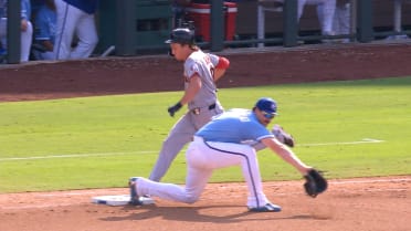 Tyler Tolbert gets the out at first after review