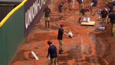 Progressive Field's flooded warning track