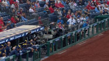 Trea Turner's bat flies out and hits the broadcast camera