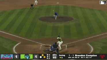 Brandon Compton doubles (12) on a line drive to right fielder Andy Garriola. Aiva Arquette scores. Juan Matheus out at home on the throw, right fielder Andy Garriola to second baseman Dom Krupinski to catcher Colin Hynek.