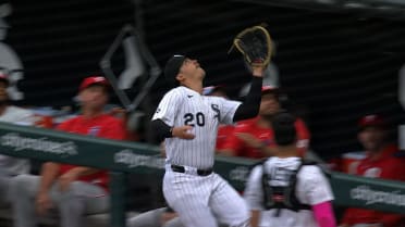 Miguel Vargas makes a catch over railing