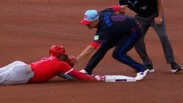 Jo Adell hustles for a double after review