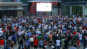 Fans reacts to a World Cup goal at Truist Park