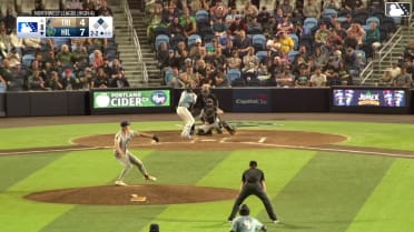 Kayson Cunningham doubles (15) on a sharp line drive to center fielder Hayden Alvarez. José Mejía scores.
