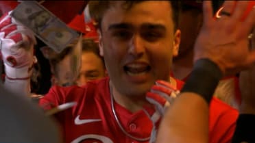 Sal Stewart gets sprayed with money after home run