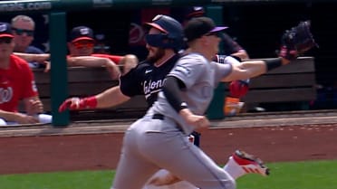 Dylan Crews out at first base after review