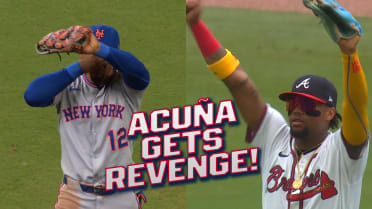 Ronald Acuña Jr. celebrates after retiring Lindor
