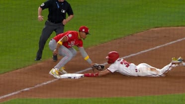 Jacob Young is safe at third after review