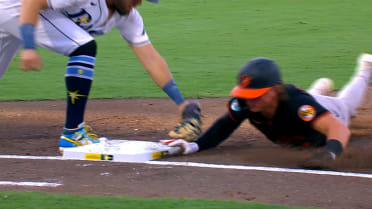 Jackson Holliday is safe at first base after review