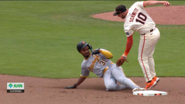 Liover Peguero steals second after review
